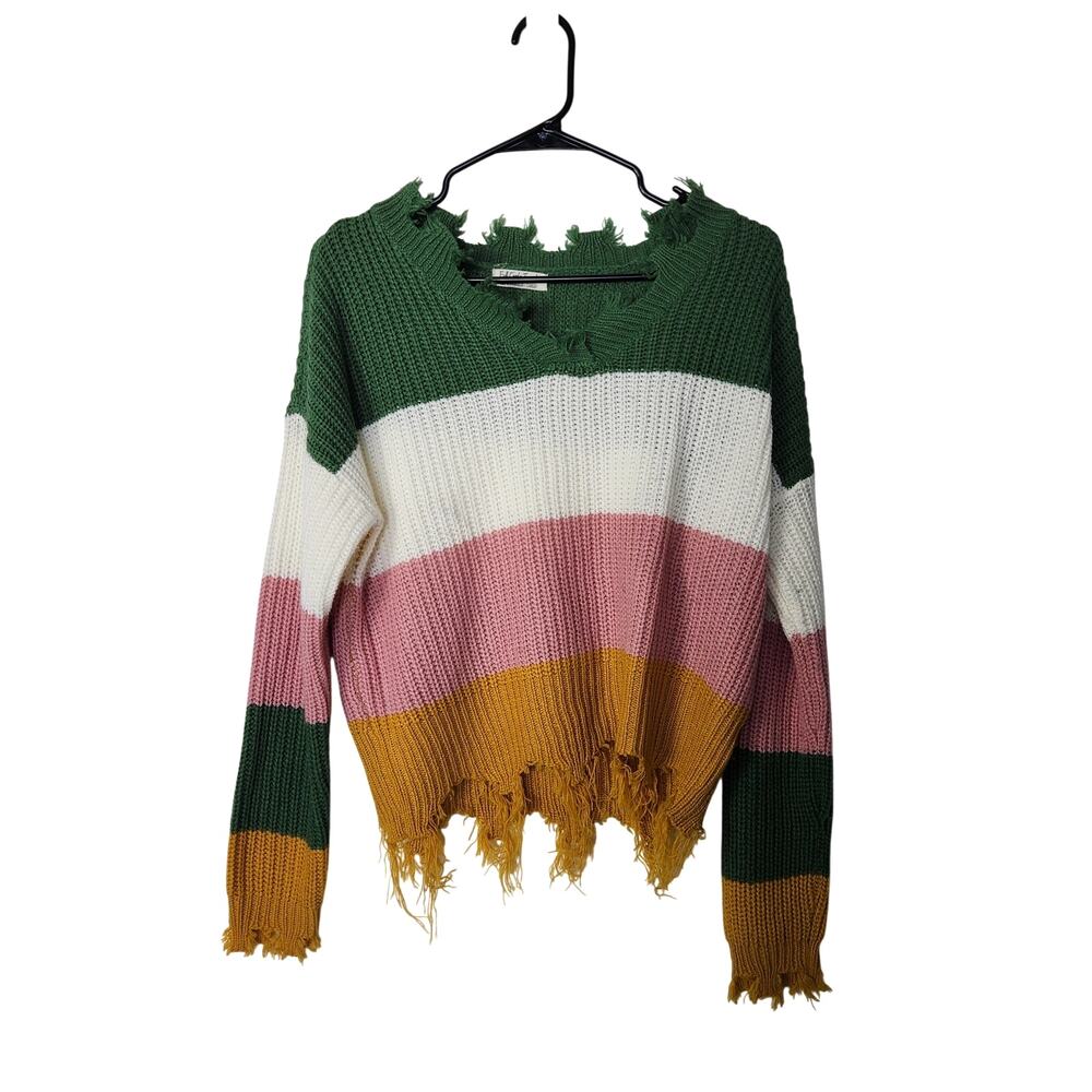 Full Circle Trends Colorblock Distressed V-Neck Pullover Sweater Size Large
